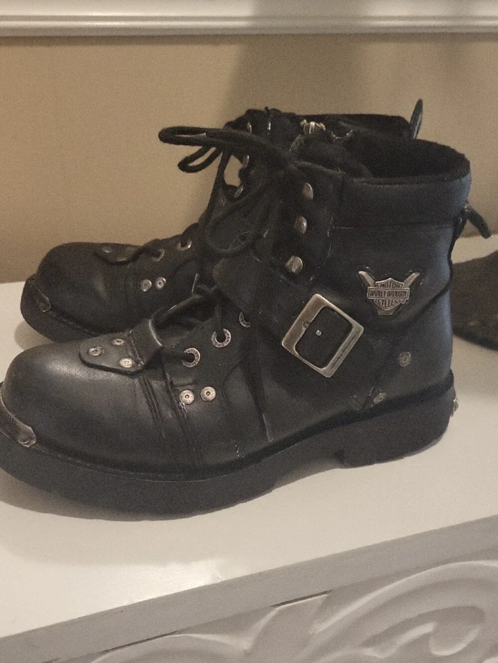 Harley-Davidson Black Leather Motorcycle Boots with Metal Toe Trim